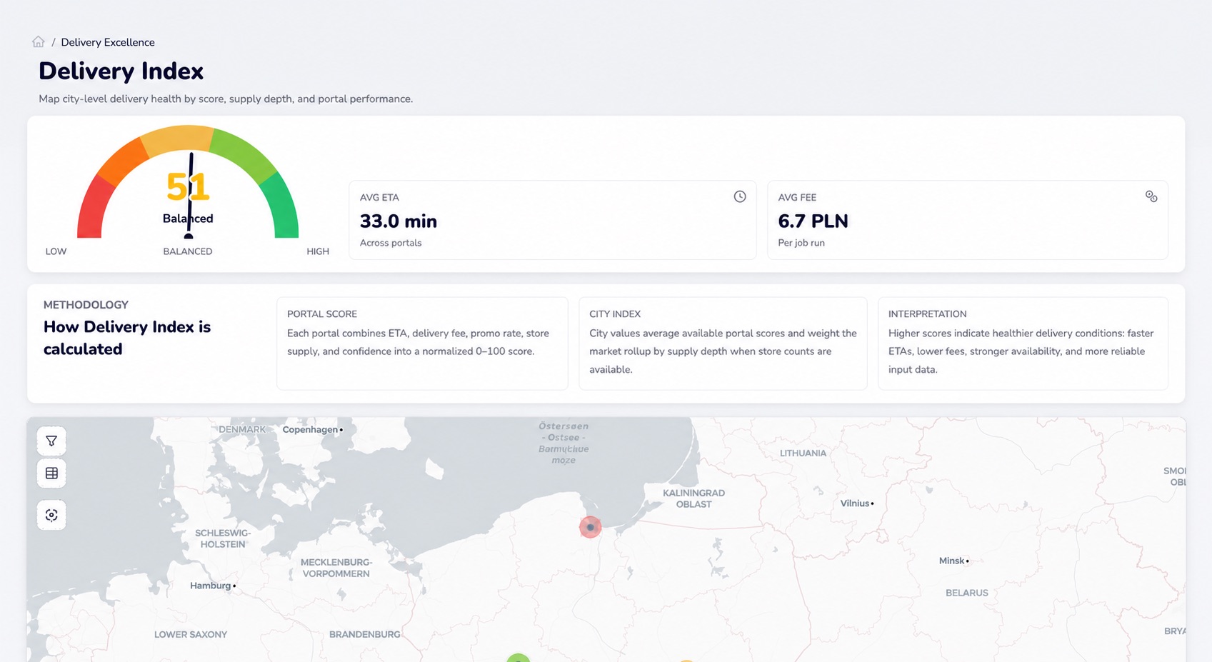 Anonymized eMarketIQ Delivery Index screen showing delivery health, average ETA, average fee and a city-level market map.
